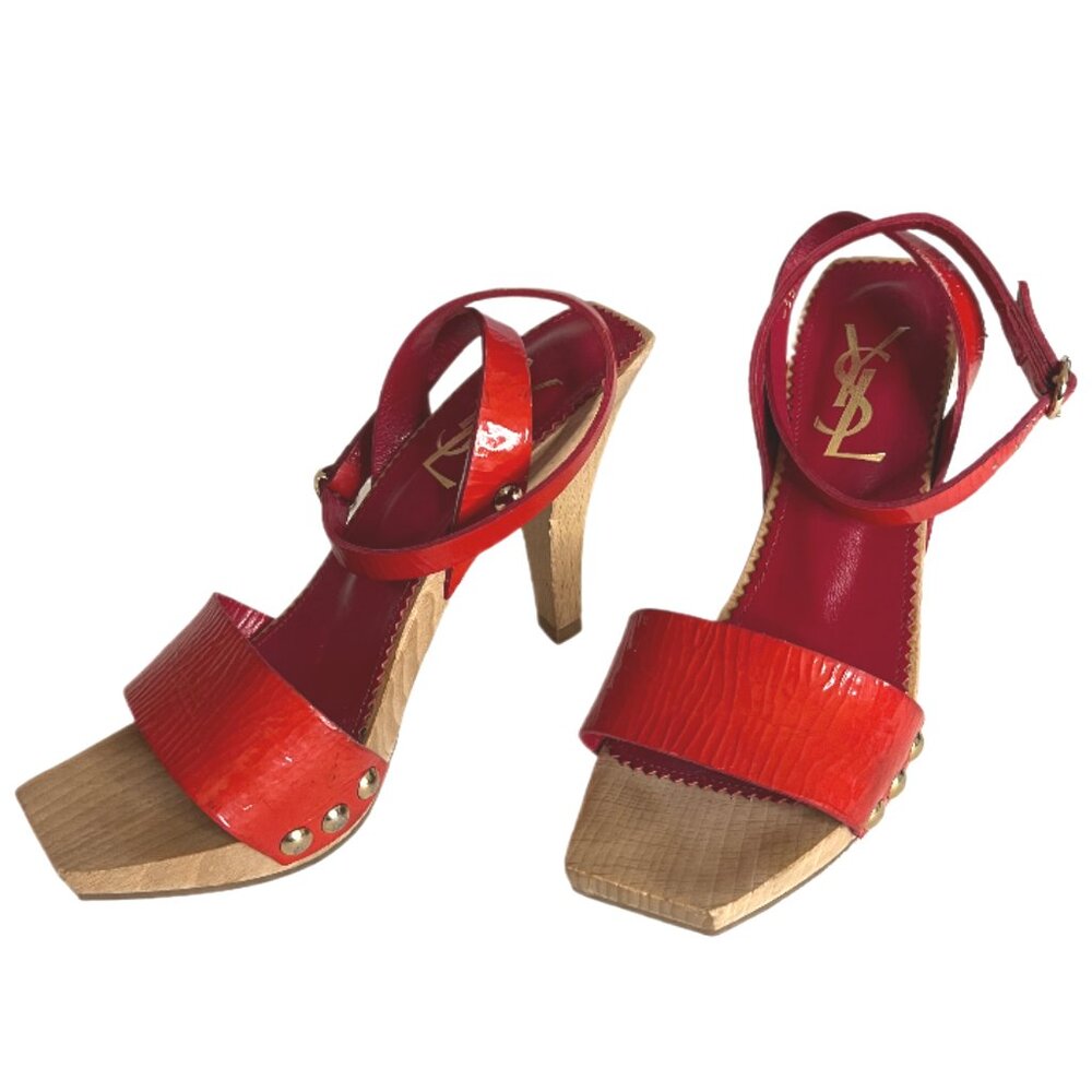 Yves Saint Laurent Red Patent Leather Ankle Strap Wooden Platform Sandal Size 5